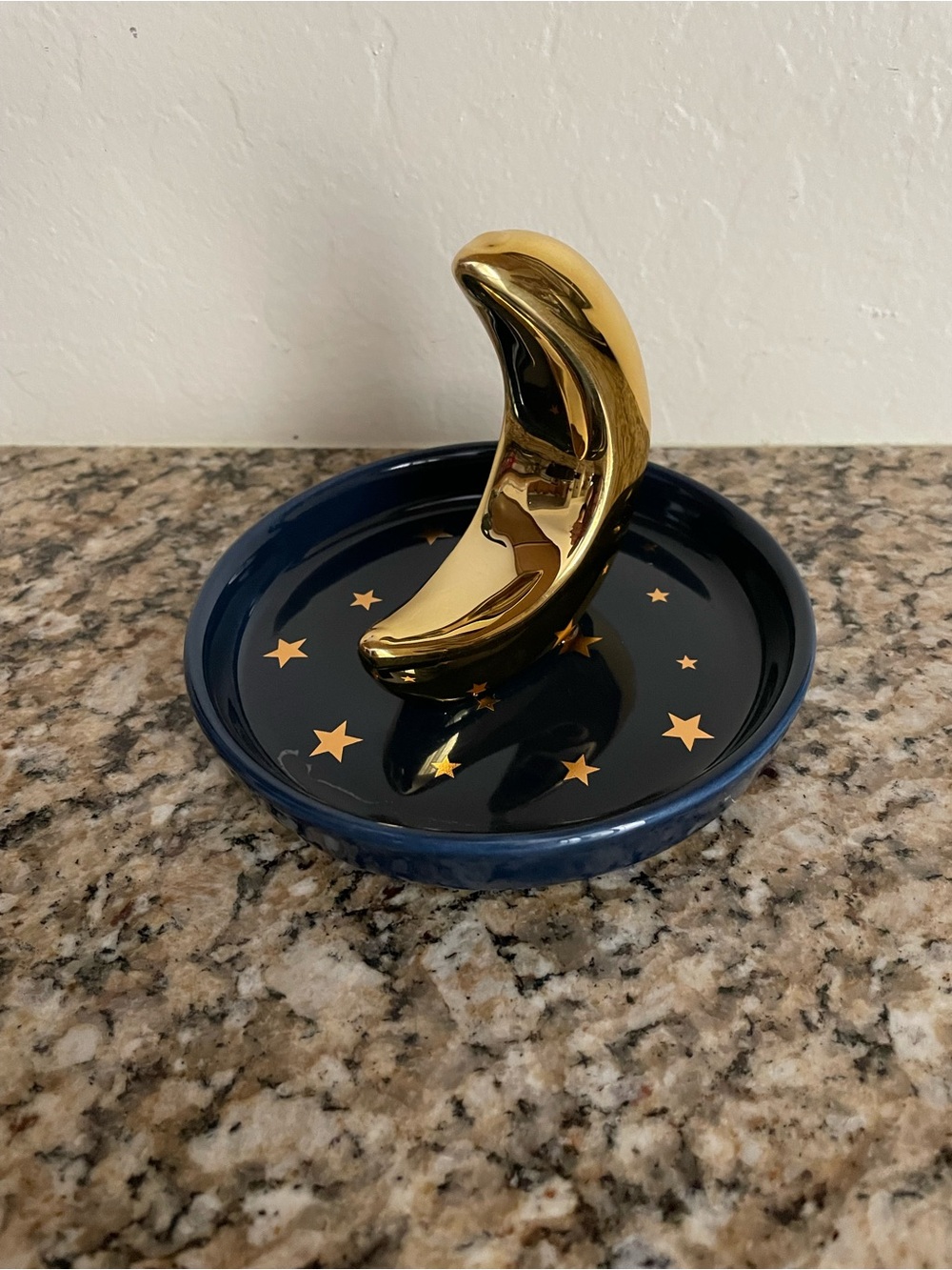 Gold Moon Ring Dish on Navy Star Tray